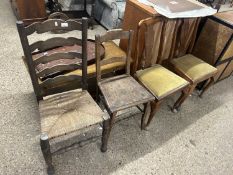 Mixed Lot: A pair of Queen Anne style dining chairs, a further rush seat ladder back chair and a