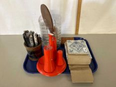 Mixed Lot: Various tiles, assorted laboratory glass ware, cut throat razors, a vintage cruet by