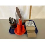 Mixed Lot: Various tiles, assorted laboratory glass ware, cut throat razors, a vintage cruet by