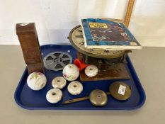 Mixed Lot: Gent & Co of Leicester, clock movement together with vintage Mohammad Ali film reel,