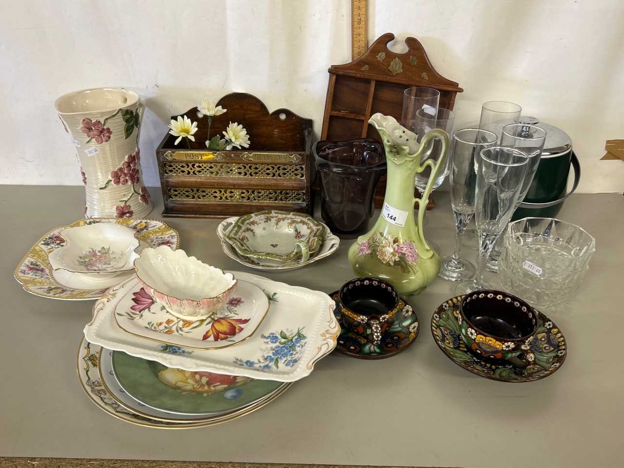 Mixed Lot: A brass mounted letter box, small Indian hardwood display shelf, ice bucket, various cups