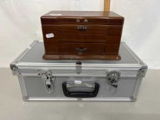 Small table top jewellery box together with an aluminium flight case