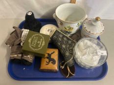 Tray of various mixed items to include a cut glass dressing table jar, Limoges porcelain covered