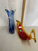 A blue Art Glass vase together with a red Art Glass abstract dish
