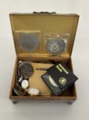 Small silver plated cigarette box containing assorted coinage, ladies wristwatches etc