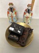 Mixed Lot: Chinese brass bowl, pair of porcelain figures and lacquered boxes