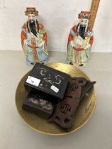 Mixed Lot: Chinese brass bowl, pair of porcelain figures and lacquered boxes
