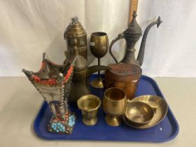 Tray of various brass wares, cased binoculars etc