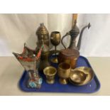 Tray of various brass wares, cased binoculars etc