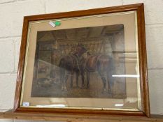 Victorian coloured print of a stable scene with horses and other animals, maple framed