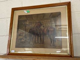 Victorian coloured print of a stable scene with horses and other animals, maple framed