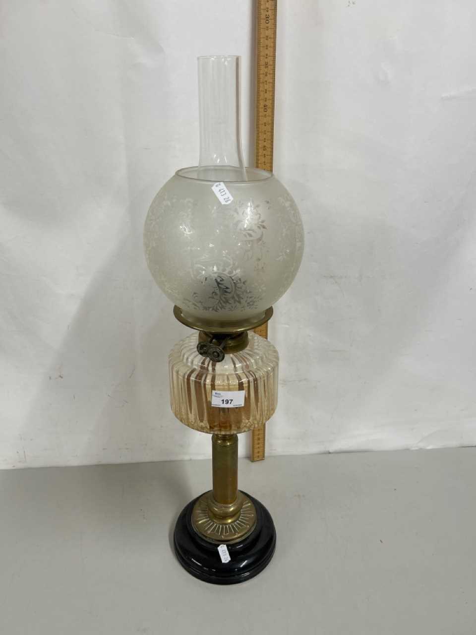 Early 20th Century oil lamp with clear glass font and frosted shade