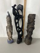 A group of mixed figures comprising two West African figures and a further hardwood abstract