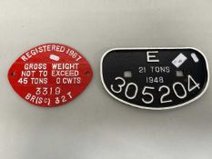 Railway Interest - Two iron plaques marked BR(SC32T Registered 1967) and a further example marked