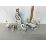 Mixed Lot: Lladro porcelain comprising models of ducks, small dog and a seated figurine