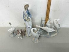 Mixed Lot: Lladro porcelain comprising models of ducks, small dog and a seated figurine