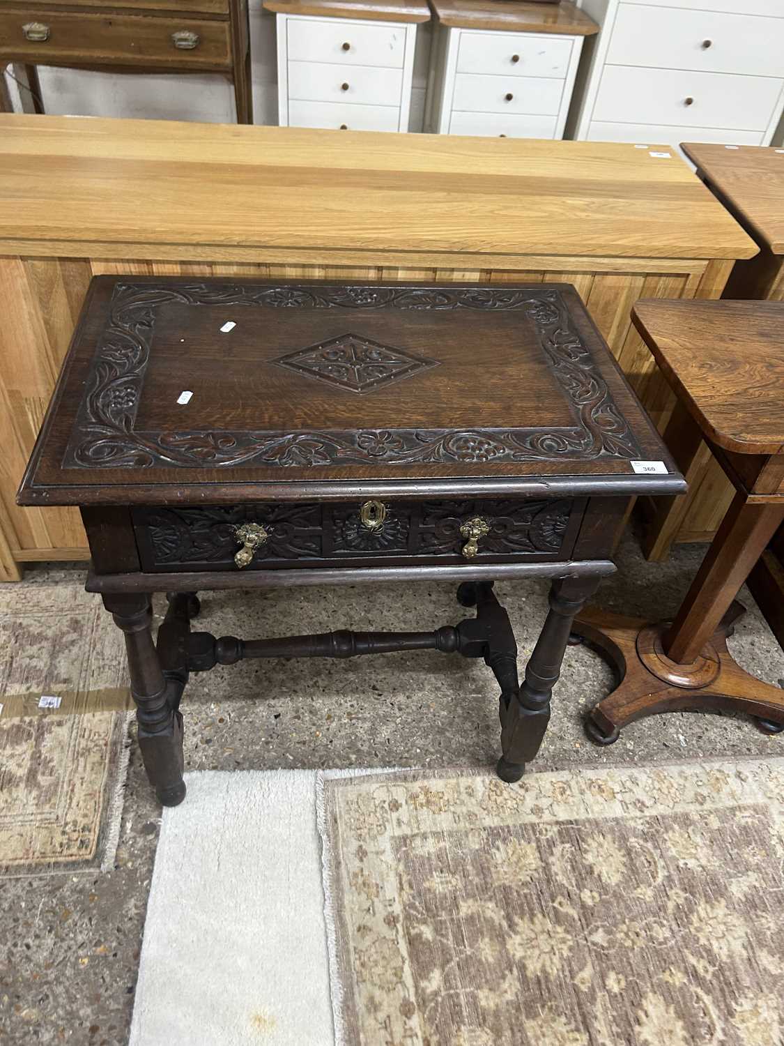 18th Century and later oak side table with single drawer and carved decoration