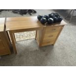 Modern light wood single pedestal desk with three drawers and metal handles, 120cm wide