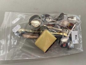 Bag of various crested spoons and other assorted cutlery, napkin rings etc