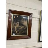 19th Century monochrome engraving of a girl with kitten, mahogany framed