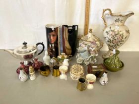 Mixed Lot: Various items to include silver plated teapot, various small vases, miniature brass