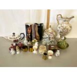 Mixed Lot: Various items to include silver plated teapot, various small vases, miniature brass