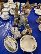 Mixed Lot: Various porcelain figures, resin model of a Kingfisher, large rose decorated covered vase