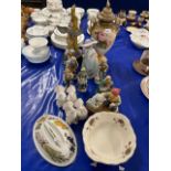 Mixed Lot: Various porcelain figures, resin model of a Kingfisher, large rose decorated covered vase