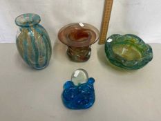 Collection of Mdina and other glass wares, comprising two vases, a bowl and a small abstract