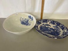 Blue and white wash bowl together with a blue and white meat plate
