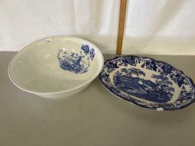 Blue and white wash bowl together with a blue and white meat plate