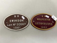 Two British Rail oval plaques marked Swindon and Wolverton, 17cm wide