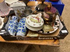 A box of various mixed ceramics and other items to include iron stone bowls, lustre finish jug,