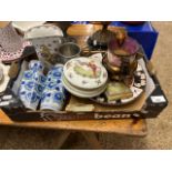 A box of various mixed ceramics and other items to include iron stone bowls, lustre finish jug,