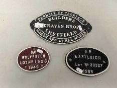 Railway Interest - A group of three iron plaques marked Craven Bros, Sheffield, Wolverton and B R