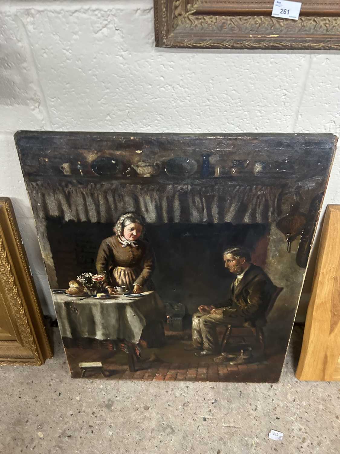 Victorian School, Interior scene depicting an elderly couple residing by a Fireplace and table,