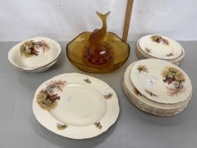 Quantity of Alfred Meakin dinner wares decorated with hunting scenes together with an amber glass