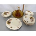 Quantity of Alfred Meakin dinner wares decorated with hunting scenes together with an amber glass