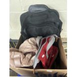 Box of various assorted back packs, cases etc