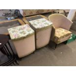 Lloyd Loom type bedside cabinet, laundry basket and chair (3)