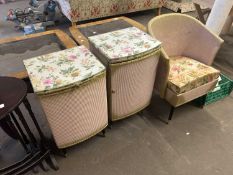 Lloyd Loom type bedside cabinet, laundry basket and chair (3)