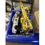 Box of various toy vehicles to include a Lego Technic crane