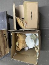 Two boxes of various cushions, lampshades etc