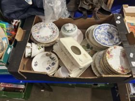 Box of various assorted tea wares, Donegal Pottery cottage and other items