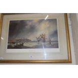 After John Wilson Carmichael, Shipping in a Squall of Tynemouth, coloured print, framed and glazed