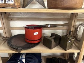 Mixed Lot: Iron weight, vintage iron griddle and other items