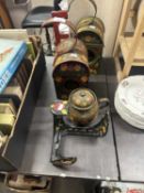 A group of Barge Ware painted items comprising two lanterns, a kettle and a shoe last