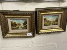20th Century school two small oil on board studies, figures by bridges, gilt framed