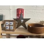 Mixed Lot: Wooden bowl, small table top cabinet and a star shaped decoration