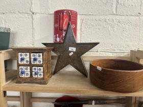 Mixed Lot: Wooden bowl, small table top cabinet and a star shaped decoration